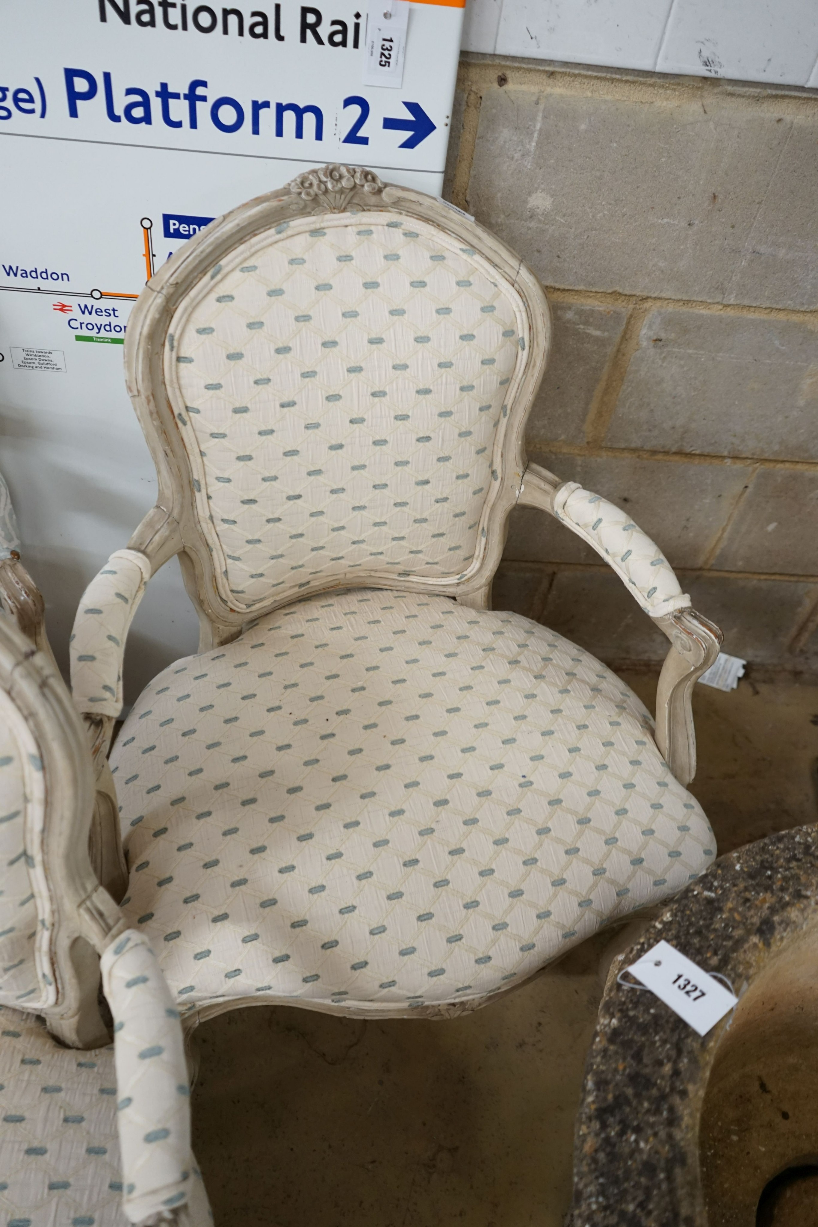 A set of three upholstered French elbow chairs, width 58cm, depth 48cm, height 85cm